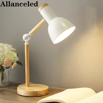 Светодиодна Настолна Лампа Дървена Художествена Желязна E27 Сгъваема Проста Защита На Очите Настолна Лампа За Четене На Дневна Спалня Начало Декор Лека Нощ