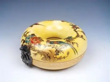 Елегантна китайска Класическа Ковчег за Бижута от Жълто Дърво с Кръгли Огърлица, Рисувани Цветя, Птици, Цветя Слива с Мед Заключване